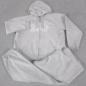 Gap Sweatsuit Women XXL Gray Logo Zip Heritage Fleece Jogger Set Cozy Warm